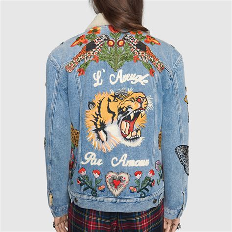 gucci jean jacket tiger replica|gucci denim jacket with embroideries.